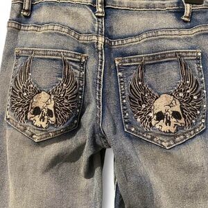 SHEIN Women's Blue Flare Jeans with Skull and Wings Embroidery